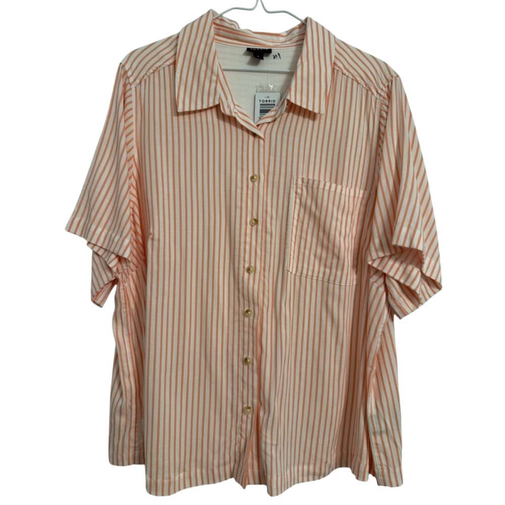 Torrid NWT Women's 2X Preppy Stripe Button Up Short Sleeve Blouse Beach Boho
